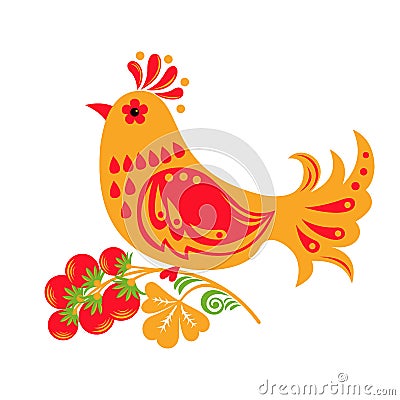 Traditional Russian ornament of Hohloma bird isolated on white background Vector Illustration