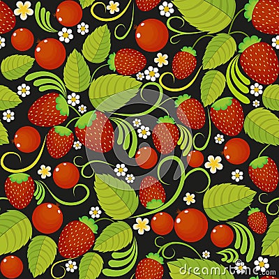 Traditional Russian seamless pattern with strawberries in style khokhloma Vector Illustration