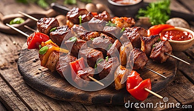 Traditional Russian shashlik on a barbecue skewer with paprika as closeup on an old board Stock Photo