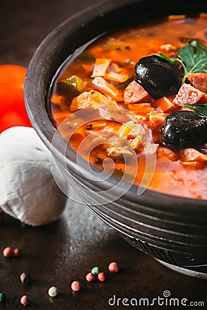 Traditional Russian soup solyanka Stock Photo