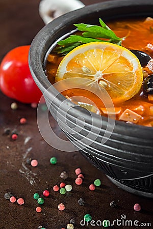 Traditional Russian soup solyanka Stock Photo