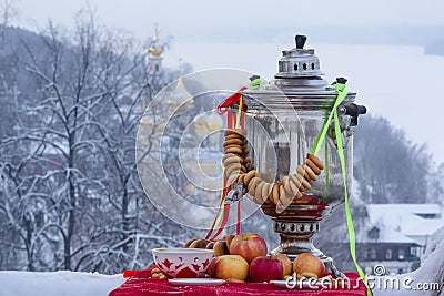 Traditional russian tea with samovar and apples Stock Photo