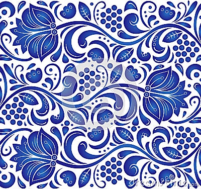 Traditional Russian vector seamless pattern in gzhel style. Can be used for banner, card, poster, invitation, label etc. Vector Illustration