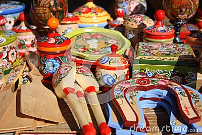 Traditional Russian wooden souvenirs Stock Photo