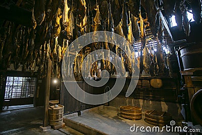 Traditional salted salmons hanging in the city of Murakami in Niigata Prefecture. Stock Photo
