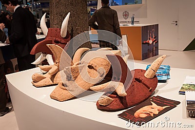 Traditional Sardinian masks on display at Bit 2014, international tourism exchange in Milan, Italy Editorial Stock Photo