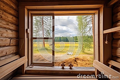 traditional sauna room interior with a window landscape view Stock Photo