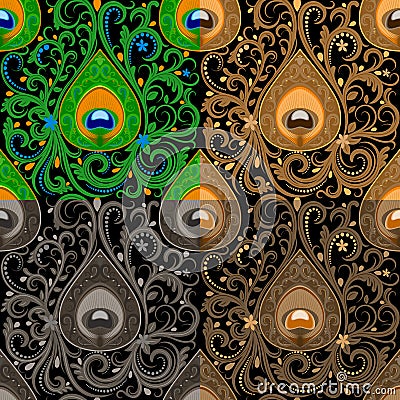 Traditional seamless paisley pattern with peacock feathers elements Vector Illustration