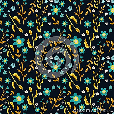 Traditional seamless pattern with flowers and leaves in turquoise and yellow, elegant floral background, great for fashion print, Vector Illustration