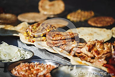 Traditional serbian street food burger or pljeskavica, flatbread and meat Stock Photo
