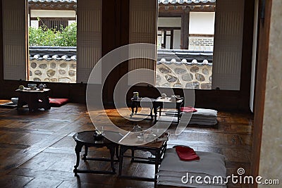 Traditional setup for tea ceremony in a Korean house at Namsangol Hanok Village, Seoul, South Korea. Stock Photo