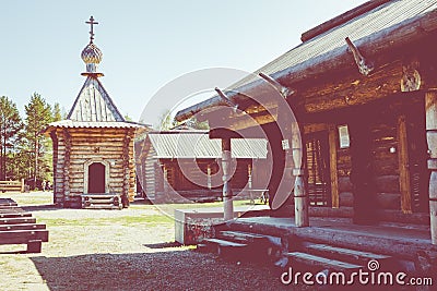 Traditional Siberian wooden house in the Taltsy Architectural-Ethnographic Museum Editorial Stock Photo