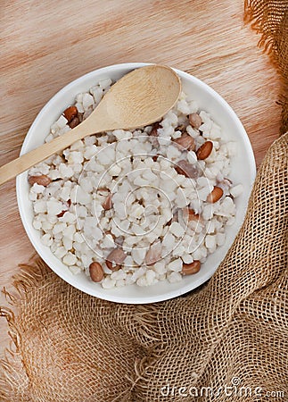 South African Samp and beans on rustic farm table Stock Photo