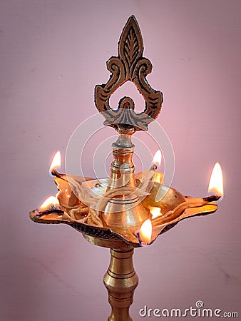 Traditional south indian brass oil lamp kuthu vilaku Stock Photo