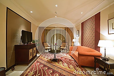 Traditional Southeast Asian themed Living Room of a Luxury Hotel Suite Stock Photo