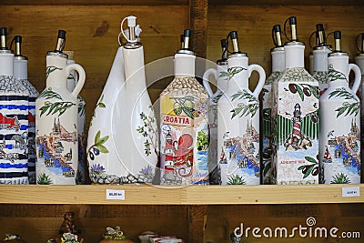 Traditional souvenir bottles on display at Krka National Park. Editorial Stock Photo