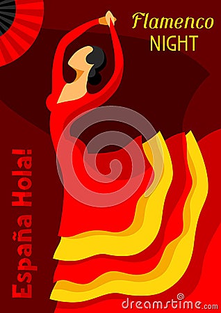 Traditional spanish flamenco. Woman in red dress is dancing Vector Illustration