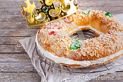 Traditional Spanish Epiphany cake, Roscon de Reyes with festive decorations Stock Photo