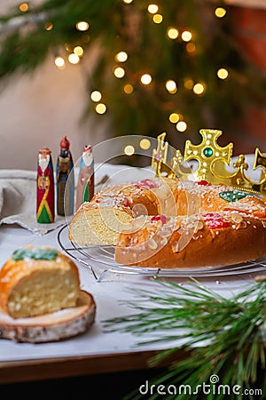 Traditional Spanish Epiphany cake, Roscon de Reyes with festive decorations Stock Photo