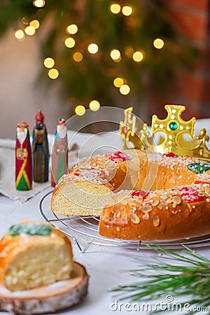 Traditional Spanish Epiphany cake, Roscon de Reyes with festive decorations Stock Photo