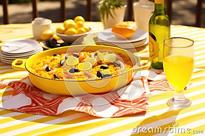 traditional spanish paella dish on vibrant yellow tablecloth Stock Photo