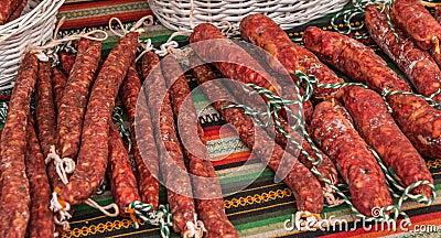 Traditional Spanish sausages arranged at the stand Stock Photo