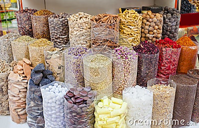 Traditional spice market in United Arab Emirates, Dubai souk Stock Photo