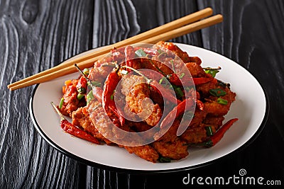 Traditional spicy szechuan chicken in Schezwan sauce close-up on a plate. horizontal Stock Photo