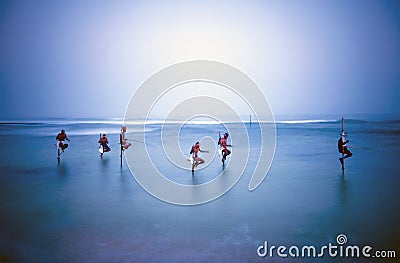 Traditional Stilt Fishermen Sri Lanka Over Water Concept Editorial Stock Photo
