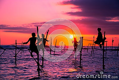 The Traditional Stilt Fishermen in Srilanka Stock Photo