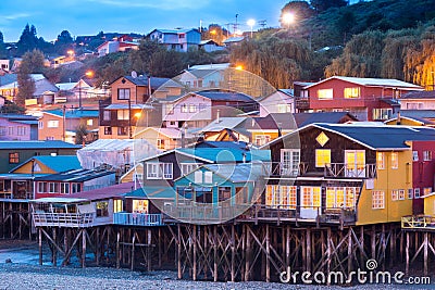 Traditional stilt houses know as palafitos in the city of Castro at Chiloe Island in Chile Stock Photo