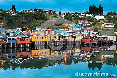 Traditional stilt houses know as palafitos in the city of Castro at Chiloe Island in Chile Stock Photo