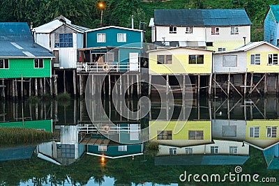 Traditional stilt houses know as palafitos in the city of Castro at Chiloe Island in Chile Stock Photo