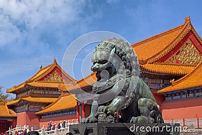 A stone lion placed in front of the internal gates of the Palace Museum Forbidden City in Beijing, China. Editorial Stock Photo