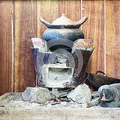 Traditional stove and pottery in Thai kitchen Stock Photo