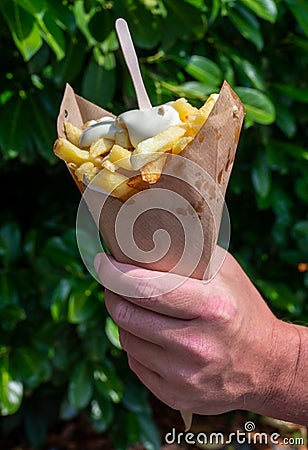 Traditional street food in Belgium and Netherlands, French fried potatoes chips with mayonnaise sauce in paper cone Stock Photo