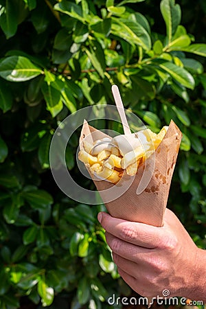 Traditional street food in Belgium and Netherlands, French fried potatoes chips with mayonnaise sauce in paper cone Stock Photo