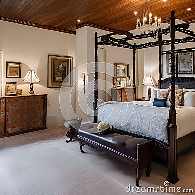 13 A traditional-style bedroom with a mix of wooden and floral finishes, a classic four-poster bed, and a mix of patterned and s Stock Photo