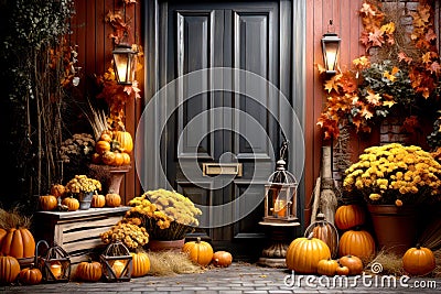 Traditional style front porch decorated Different coloured pumpkins for autumn holidays, giving an inviting atmosphere Stock Photo