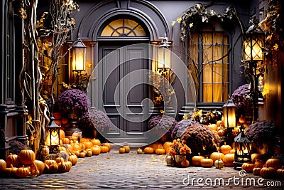 Traditional style front porch decorated Different coloured pumpkins for autumn holidays, giving an inviting atmosphere Stock Photo