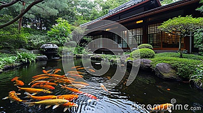 Traditional style garden and pond with Koi Stock Photo