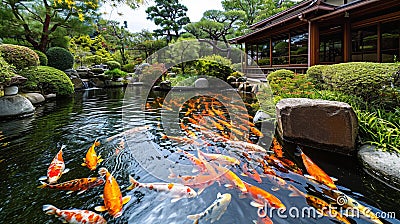 Traditional style garden and pond with Koi Stock Photo