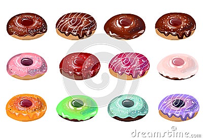 Traditional sweet pastry with glaze. Collection with different donates in chocolate and icing isolated on white background. Vector Illustration