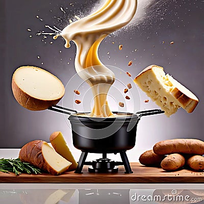 Traditional Swiss dish of melted cheese fondue, dipped with bread and potatoes, dynamic food photography Stock Photo