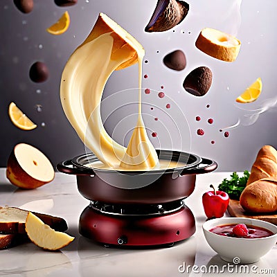 Traditional Swiss dish of melted cheese fondue, dipped with bread and potatoes, dynamic food photography Stock Photo