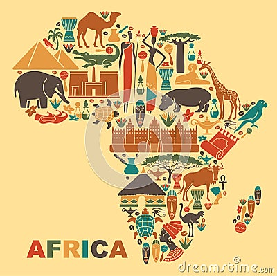 Traditional symbols of Africa in the form of a map Vector Illustration