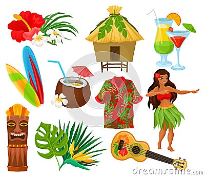 Traditional symbols of Hawaiian culture set, hibiscus flower, bungalow, surfboard, tiki tribal mask, ukulele, exotic Vector Illustration