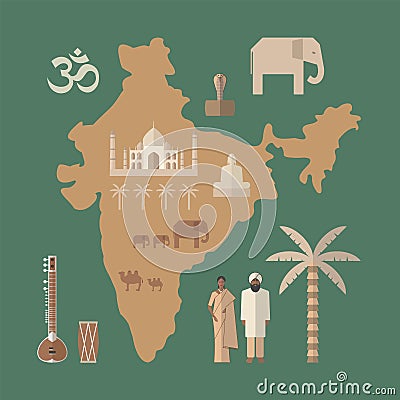 Traditional symbols of India. Flat icon Vector Illustration