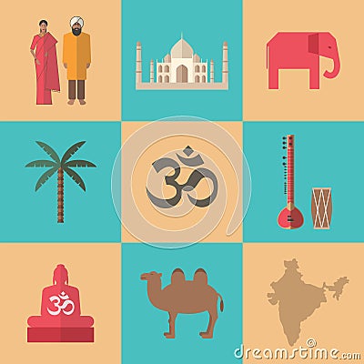 Traditional symbols of India. Flat icon Vector Illustration