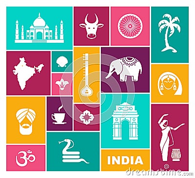 Icons of India. Flat vector icon with traditional symbols Vector Illustration